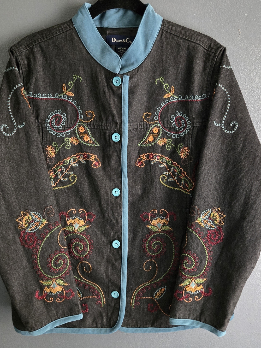 Denim&Co Vtg Embroidered Cotton Black Western Boho Whimsigoth Jean Jacket Medium - Picture 7 of 7